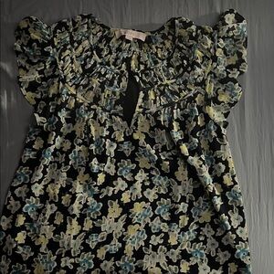 LOFT Floral Ruffle Blouse - Black, Blue, Yellow